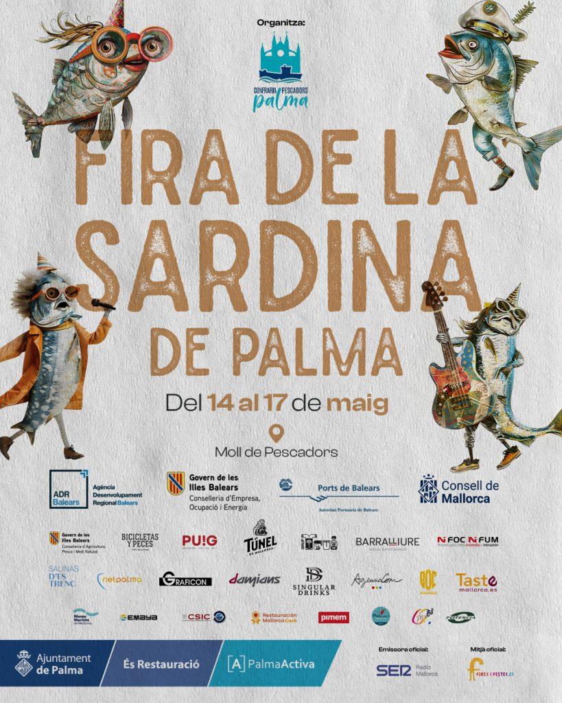 Festival poster for Fira de la Sardina de Palma with cartoon fish musicians around the title text and sponsor logos at the bottom, including date and location info (Del 14 al 17 de maig, Moll de Pescadors).